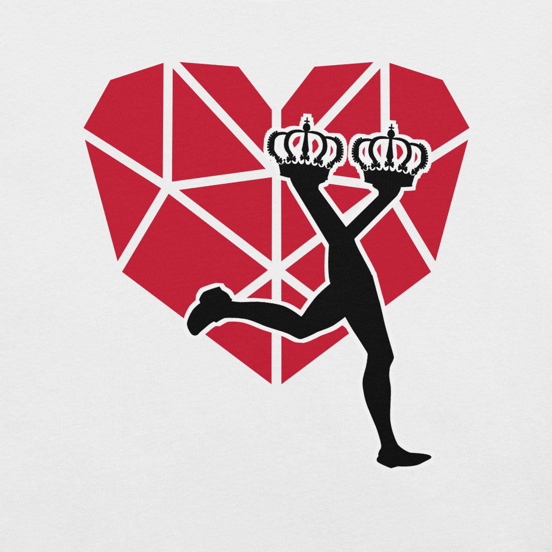 Black silhouette of the LUX  character holding two crowns against a red geometric heart 