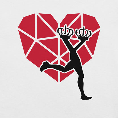 Black silhouette of the LUX  character holding two crowns against a red geometric heart 