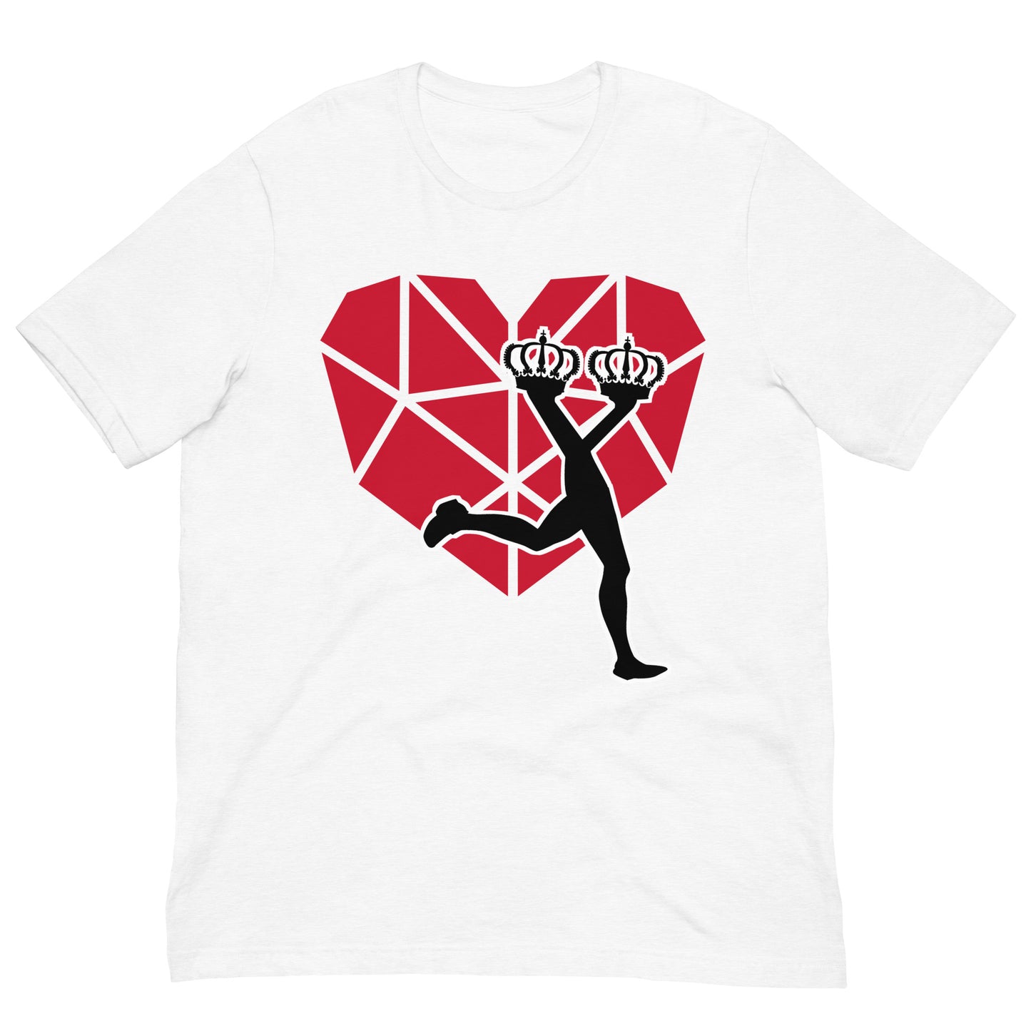 White t-shirt with a red geometric heart and black silhouette design on a white background