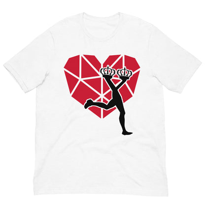 White t-shirt with a red geometric heart and black silhouette design on a white background