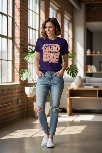 A dark purple short-sleeve t-shirt with a retro-style graphic on the front reading 'Ciao Bye' in a peach-pink and gold Art Deco font.