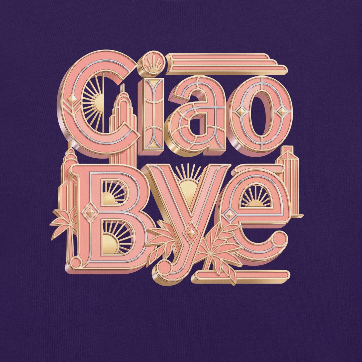 A stylized decorative text design reading 'Ciao Bye' in pink and gold lettering with architectural and floral details, centered on a solid dark purple background.