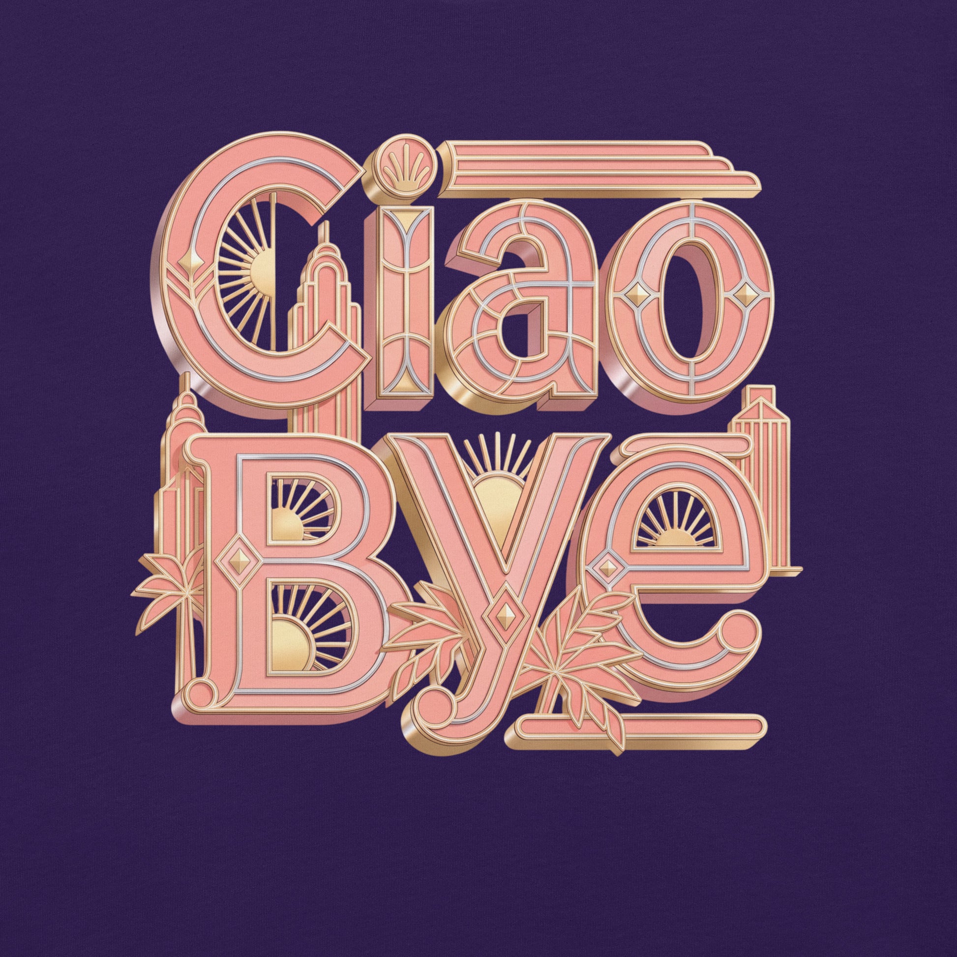 A stylized decorative text design reading 'Ciao Bye' in pink and gold lettering with architectural and floral details, centered on a solid dark purple background.