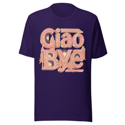 A dark purple short-sleeve t-shirt with a retro-style 'Giao Bye' graphic printed on the chest in pink, orange, and gold tones.