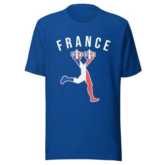 Blue t-shirt with 'FRANCE' and a graphic design on a white background