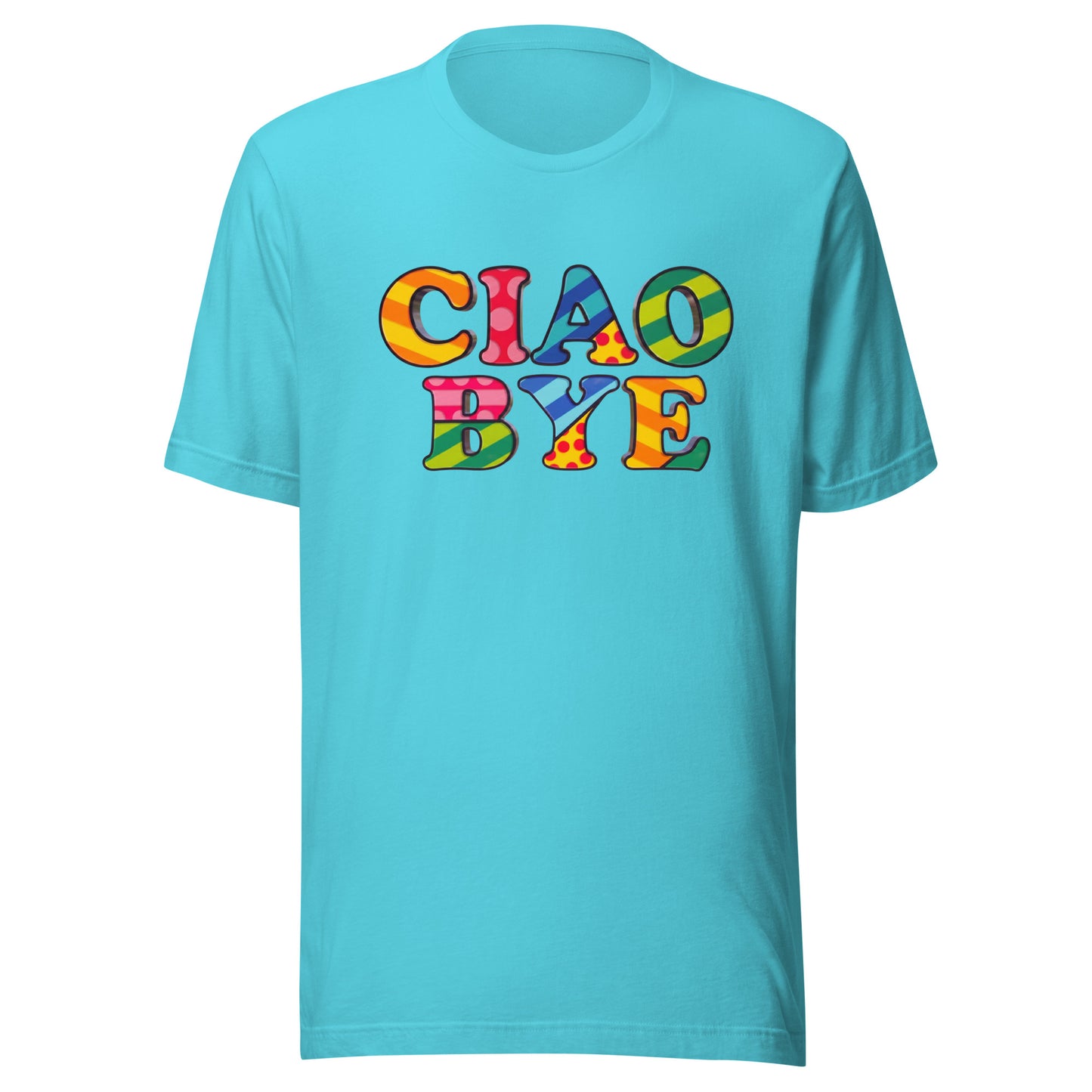 A turquoise blue short-sleeve crewneck t-shirt featuring a colorful graphic on the chest that reads 'CIAO BYE' in retro, multi-colored bubble letters.