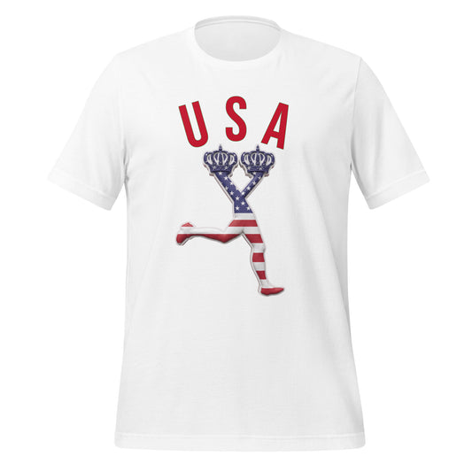 White t-shirt with 'USA' text and the flag of USA inside the LUX character ,graphic tee inspired of the World Cup 2026