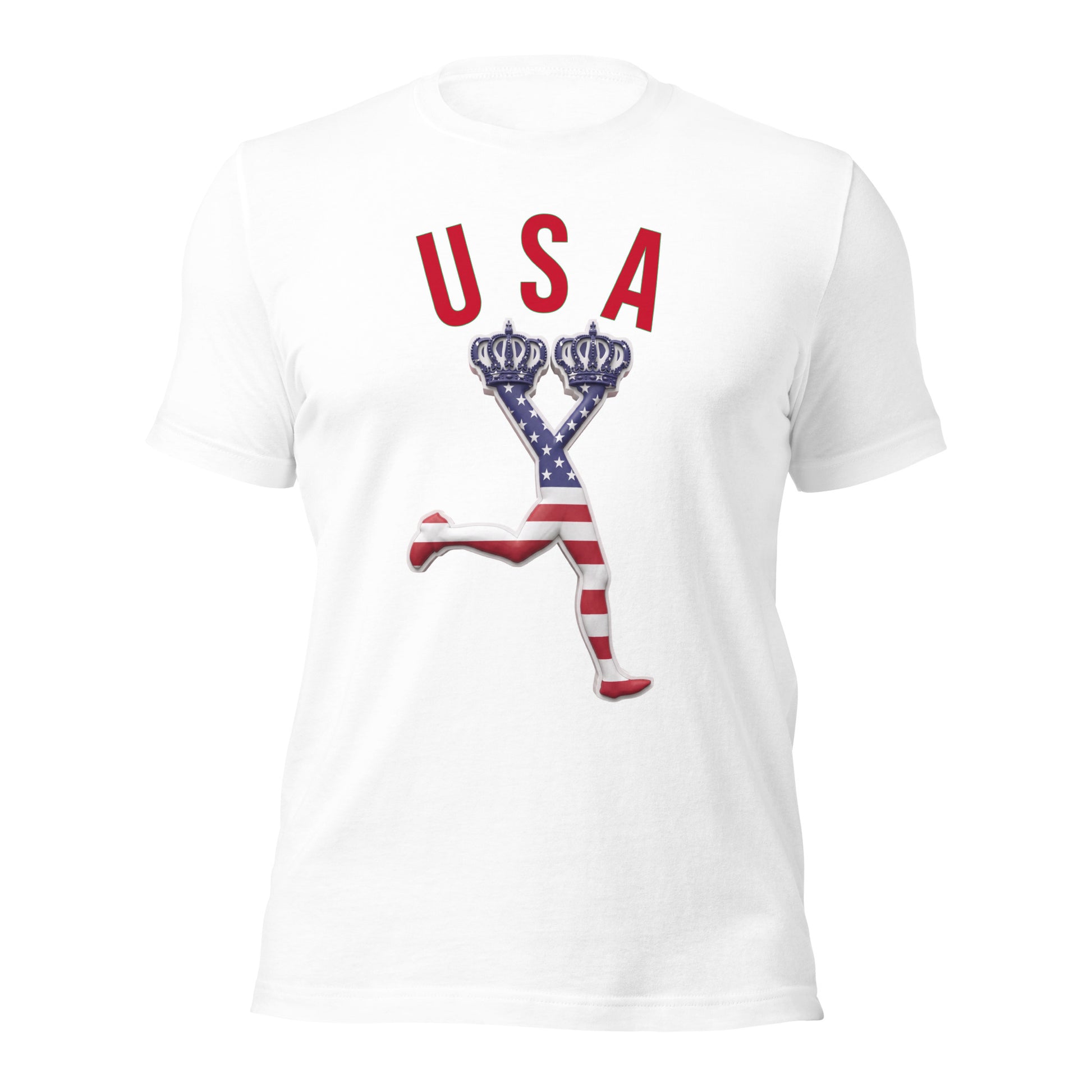 White t-shirt with 'USA' and a graphic design on a white background