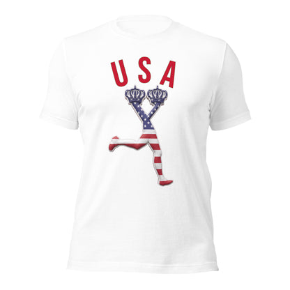 White t-shirt with 'USA' and a graphic design on a white background