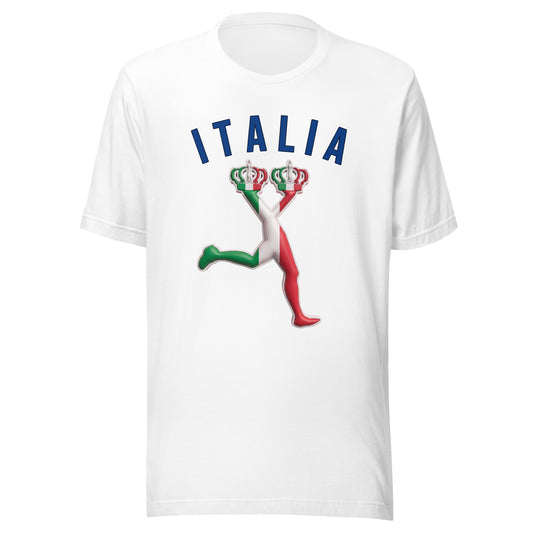 White t-shirt with 'ITALIA' and  the graphic of LUX with an Italian flag on a white background