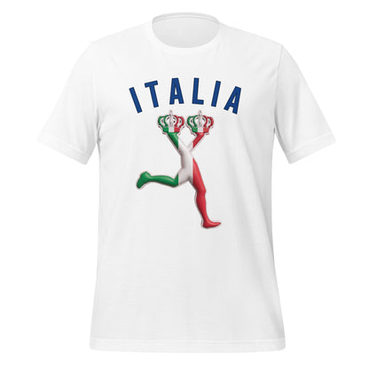 White t-shirt with 'ITALIA' and a graphic design of a flag-waving figure on a white background