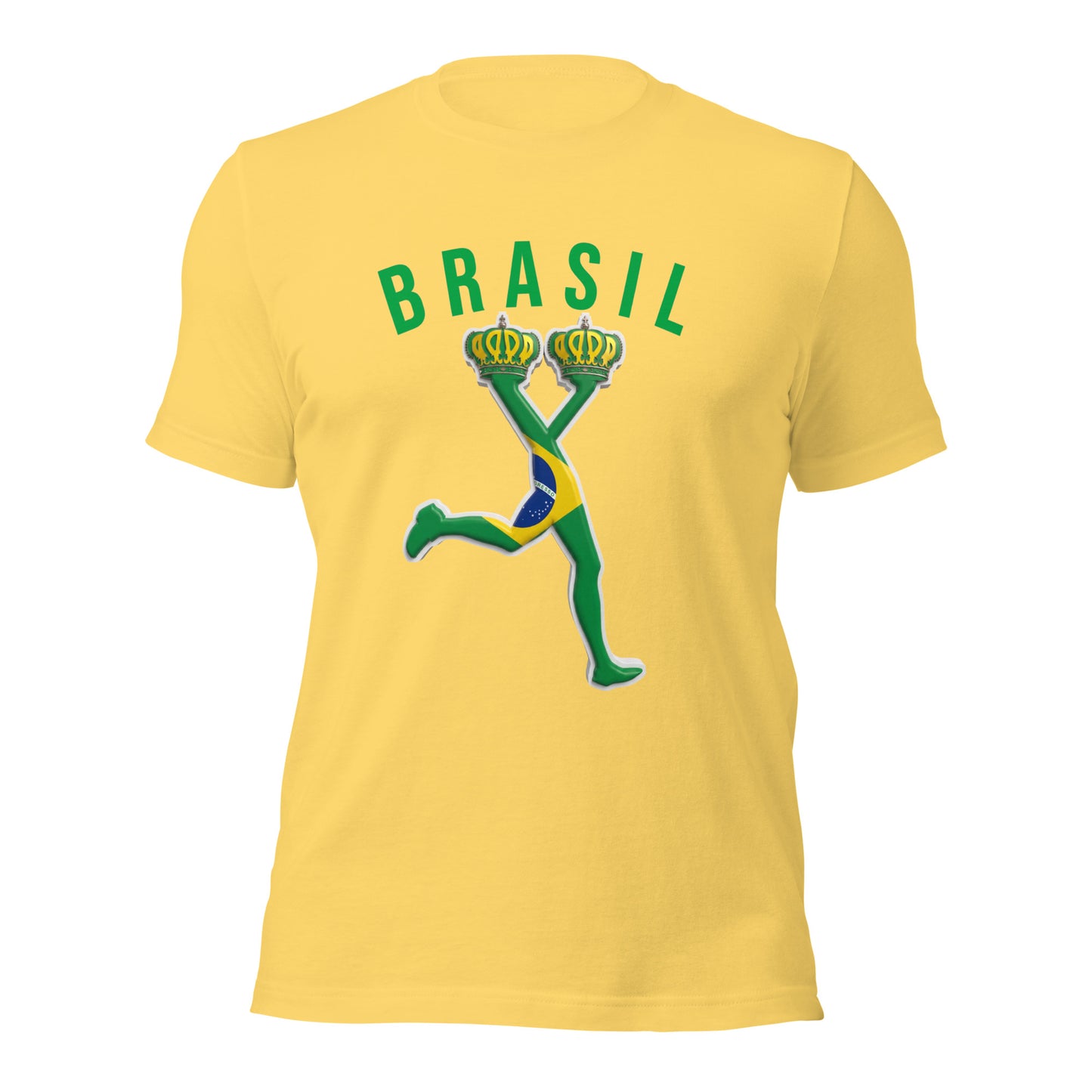 Yellow t-shirt with 'BRASIL' and a running figure with the flag of Brazil for the World Cup 2026