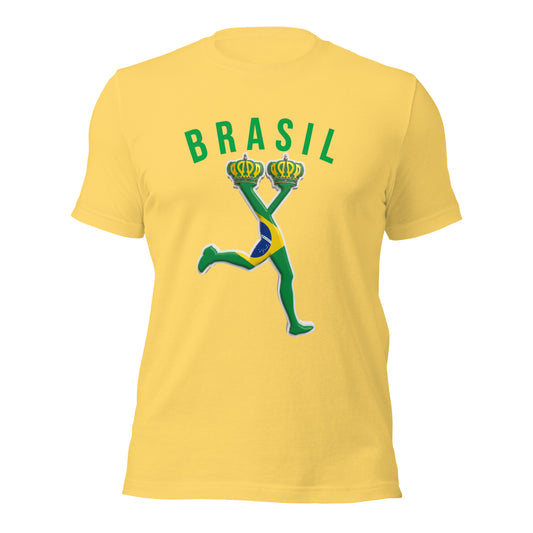Yellow t-shirt with 'BRASIL' and a running figure with the flag of Brazil for the World Cup 2026