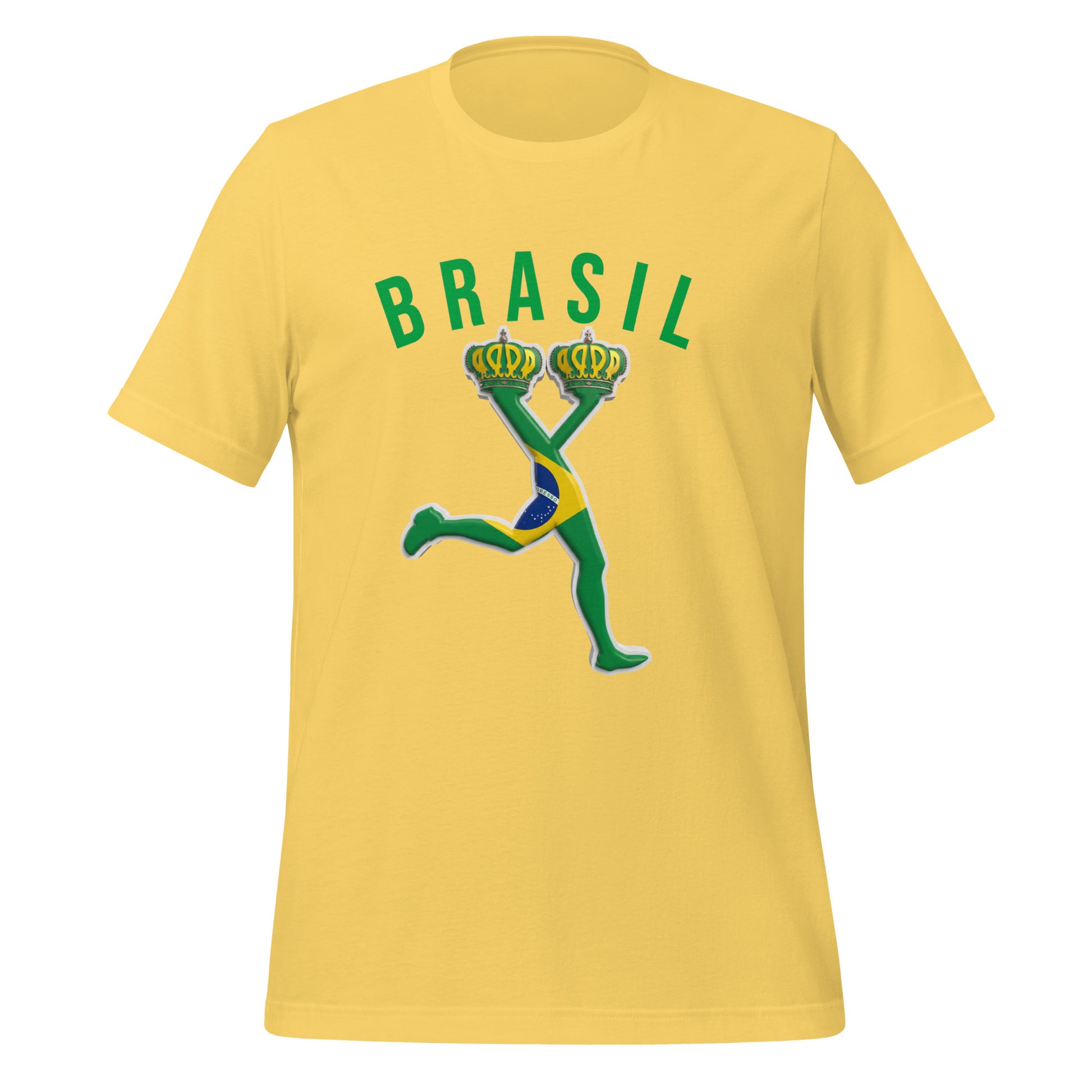 Yellow t-shirt with 'BRASIL' and a graphic design on a white background