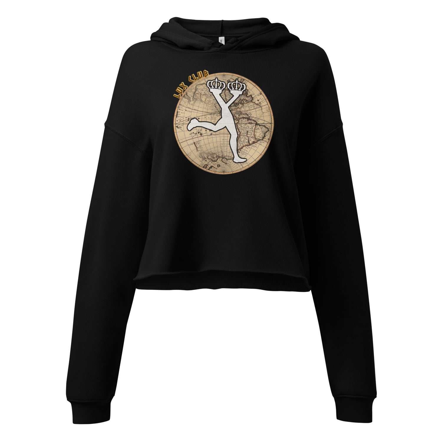 Black hoodie with a graphic design on a world background
