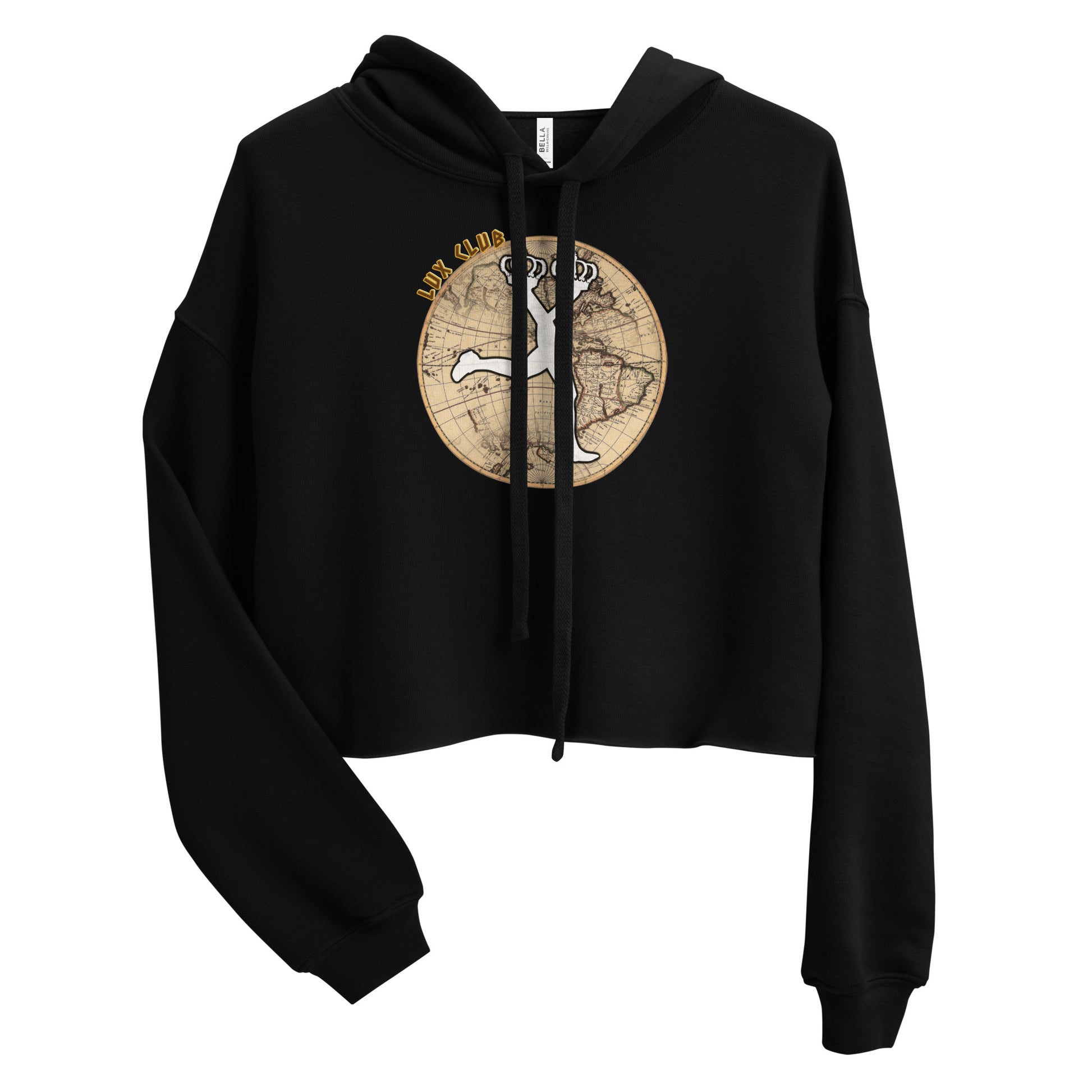Black crop hoodie with a world map in the front and the caracter of LUX in the centre