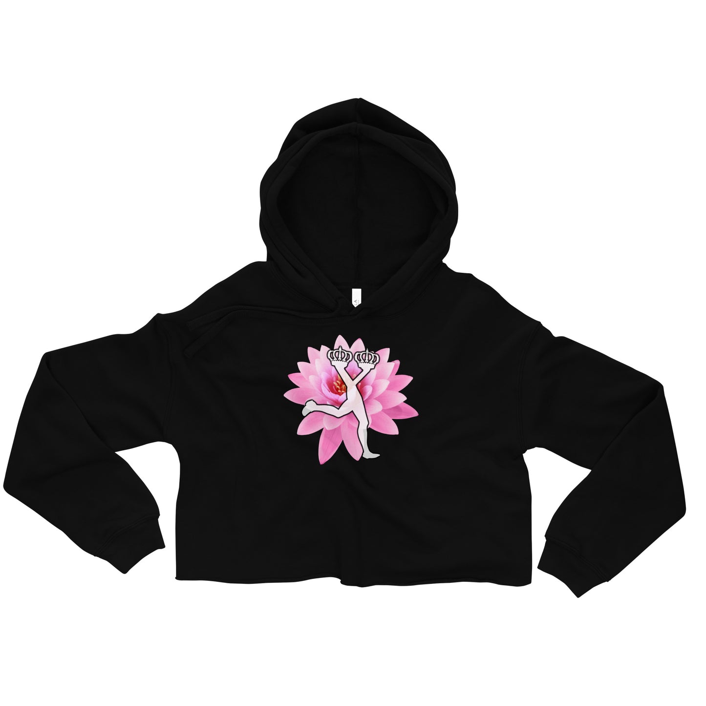 Black hoodie with a pink flower and white figure design on a flower  background