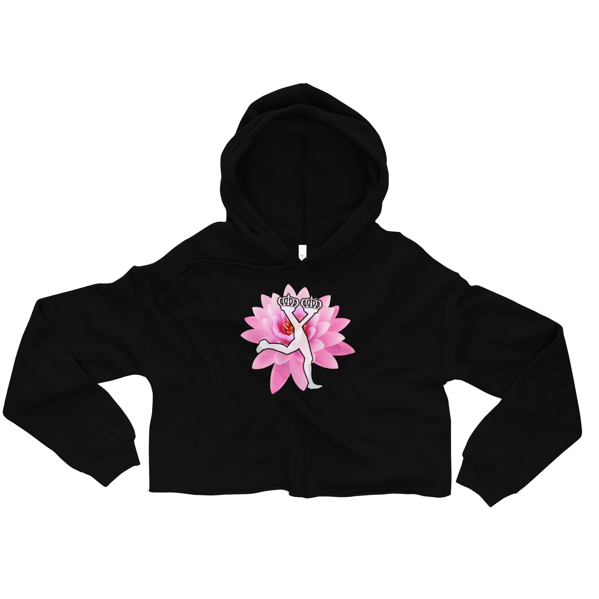 Black hoodie with a pink flower and white figure design on a flower  background