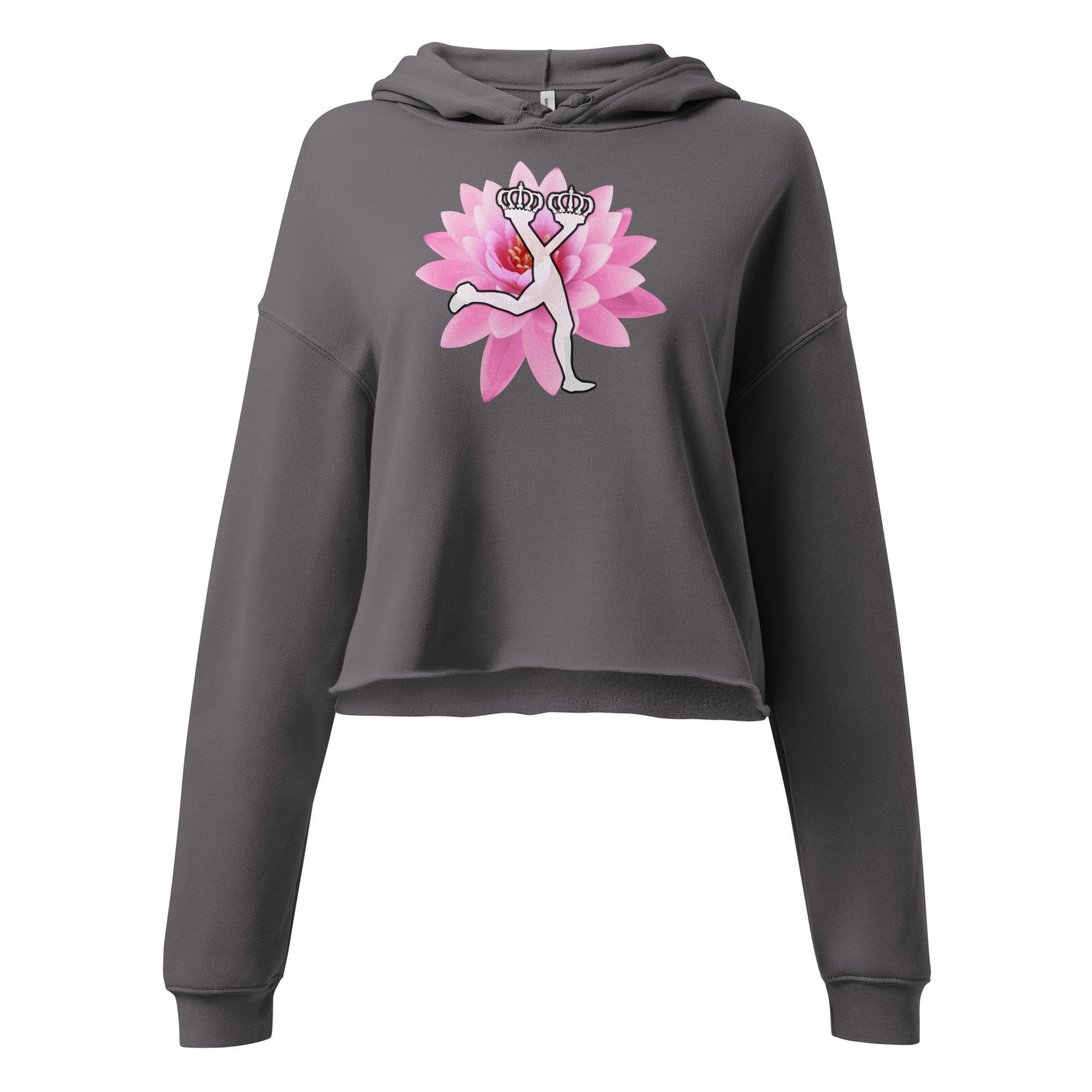 Gray crop hoodie with a pink lotus flower and the iconic character of Lux in the front