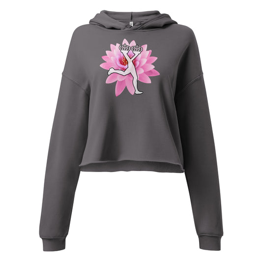 Gray crop hoodie with a pink lotus flower and the iconic character of Lux in the front