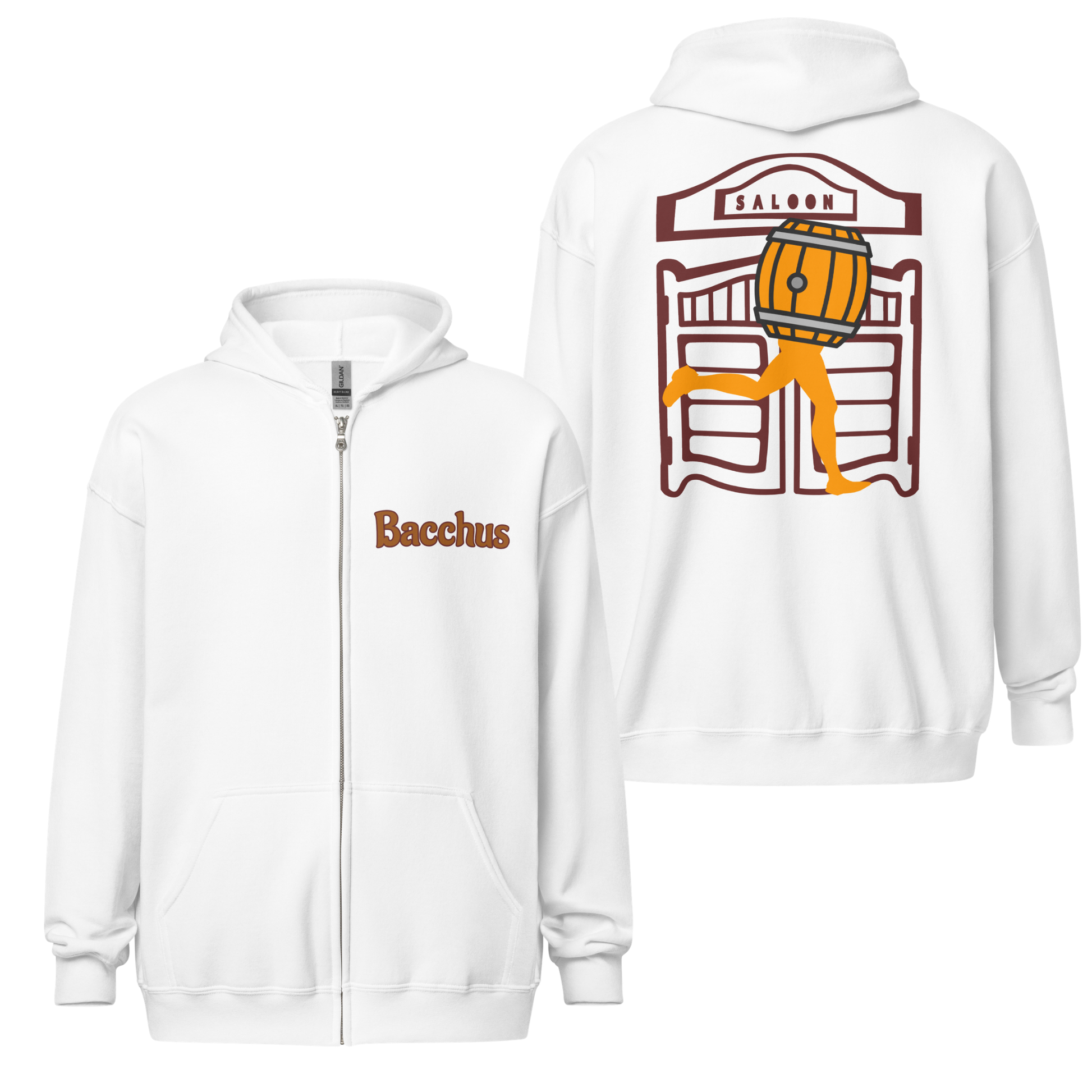 White hoodie with 'Bacchus' logo on front and barrel design on back, on a white background