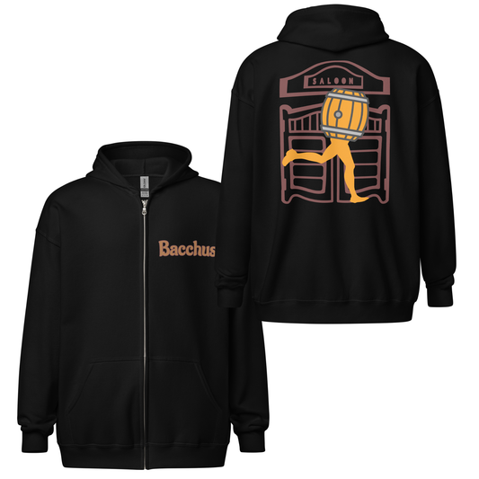 Black hoodie with 'Bacchus' branding on the front and a graphic design on the back.