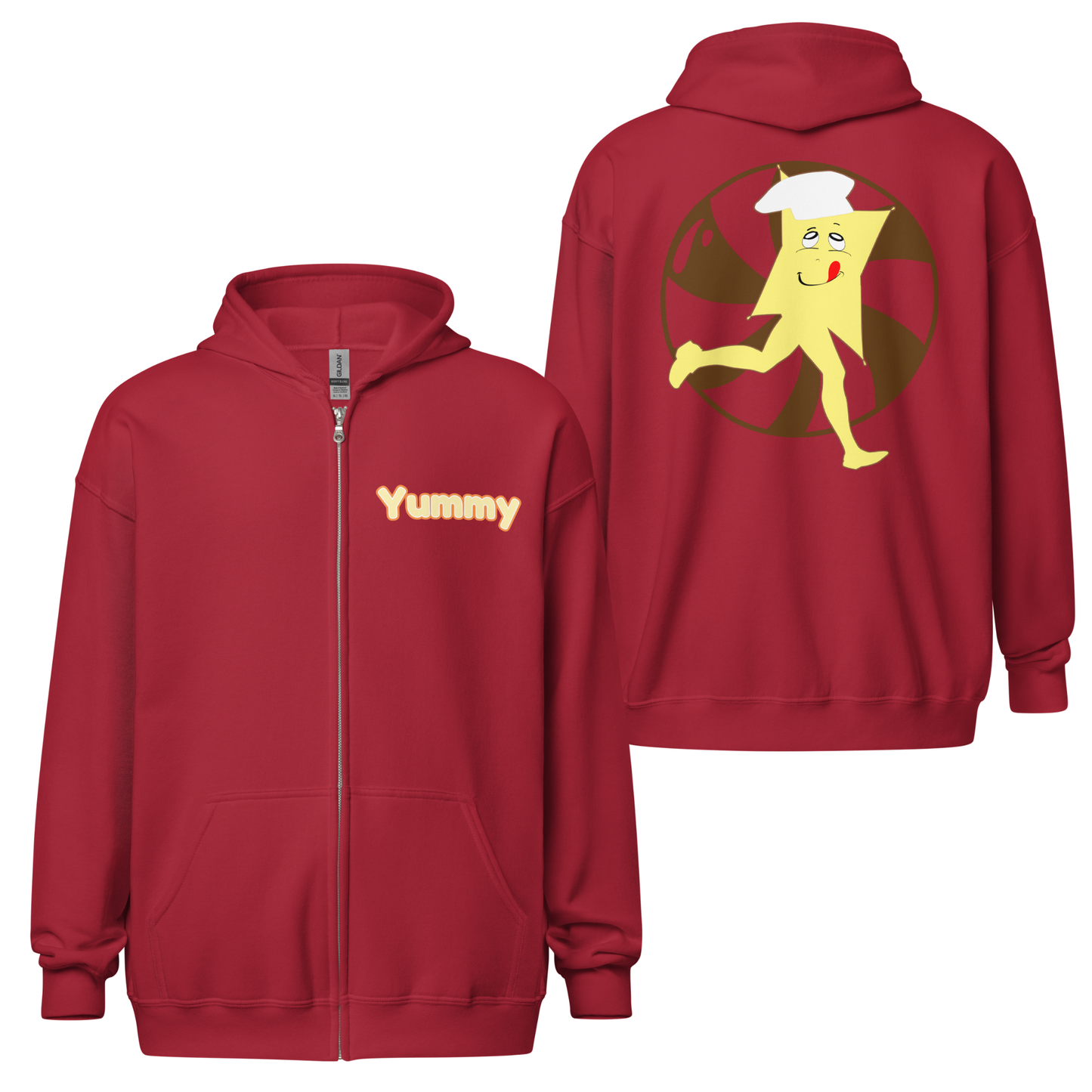 Red zip hoodie with 'Yummy' text on front and cartoon character on back