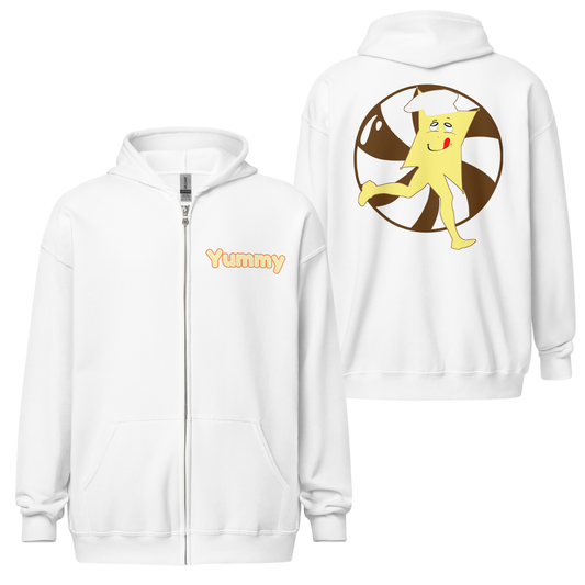 White zip hoodie with 'Yummy' text on front and cartoon character on back