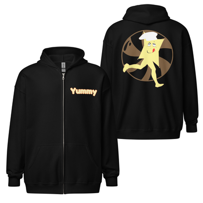 Black zip hoodie with 'Yummy' text on front and cartoon character on back